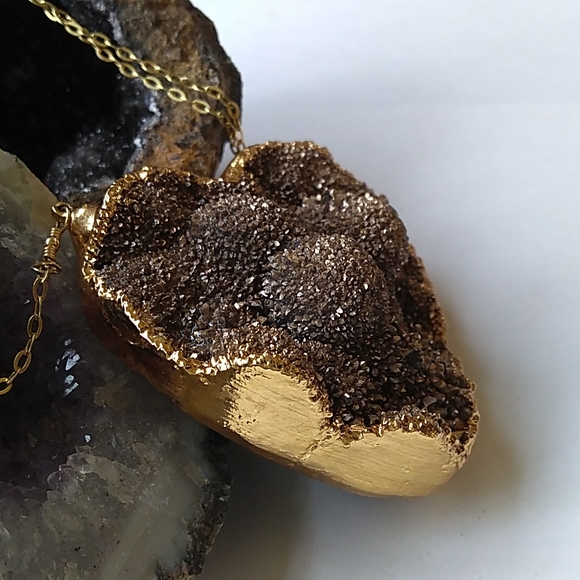 VTG EST. 18K /STERLING SILVER Vermeil NATURAL Druzy Heart Pendant Necklace 440ct - Picture 4 of 16